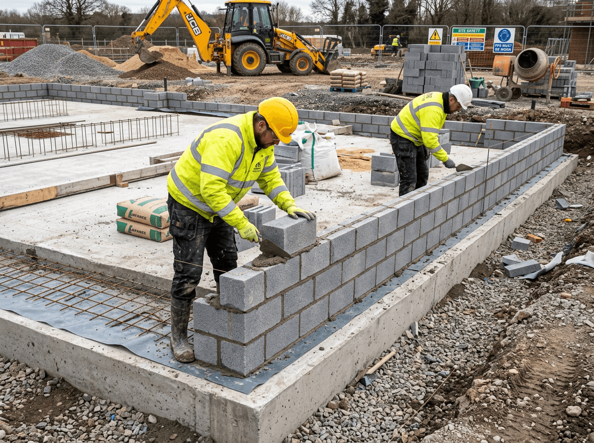 Blockwork substructure being built at foundation level on a residential site