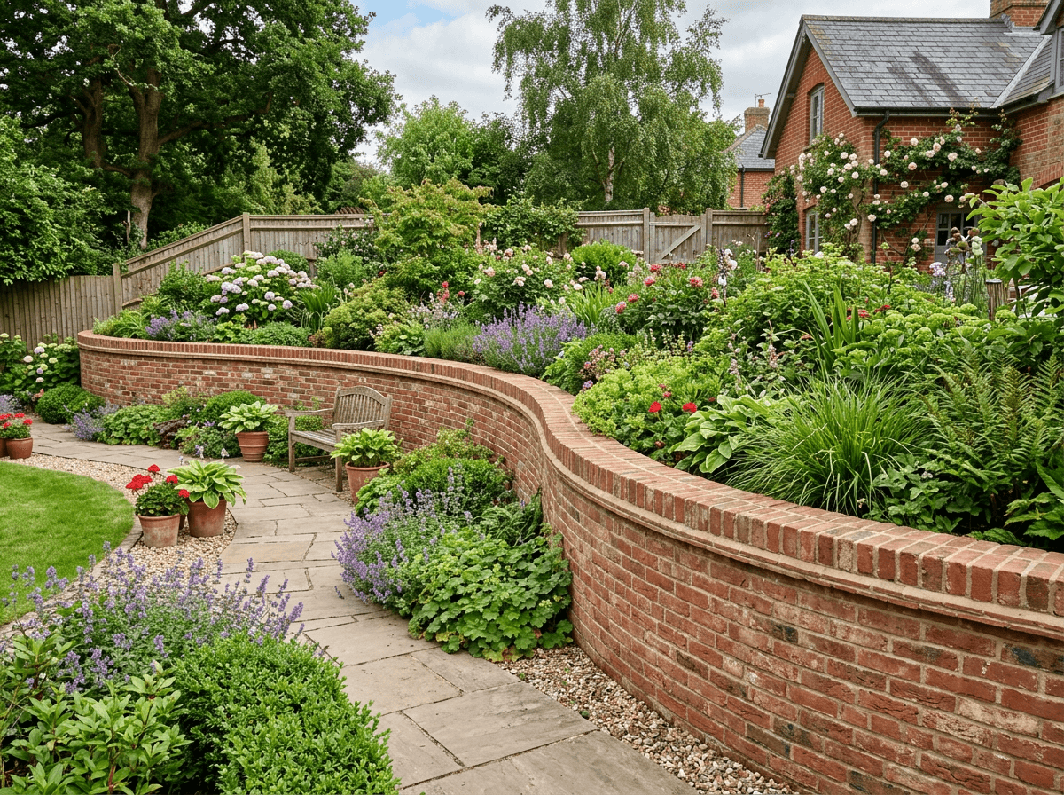 Curved brick garden retaining wall with a well-finished coping